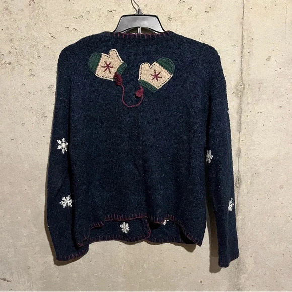 Retro Croft Barrow Hand Knit Christmas Holiday Sweater Cardigan XL Blue Red - Picture 8 of 11